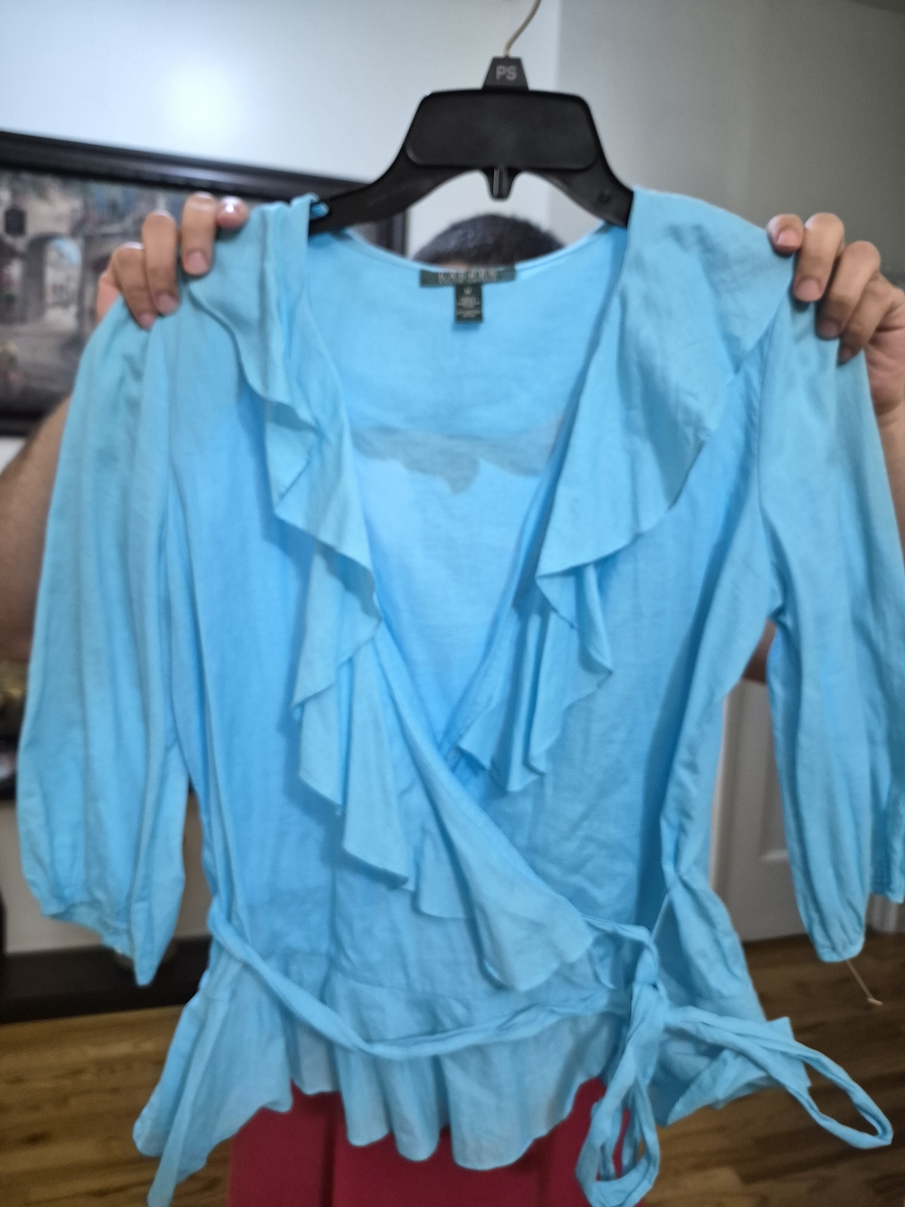 Ralph Lauren Turquoise Sheer Ruffled Wrap Blouse - Picture 3 of 10
